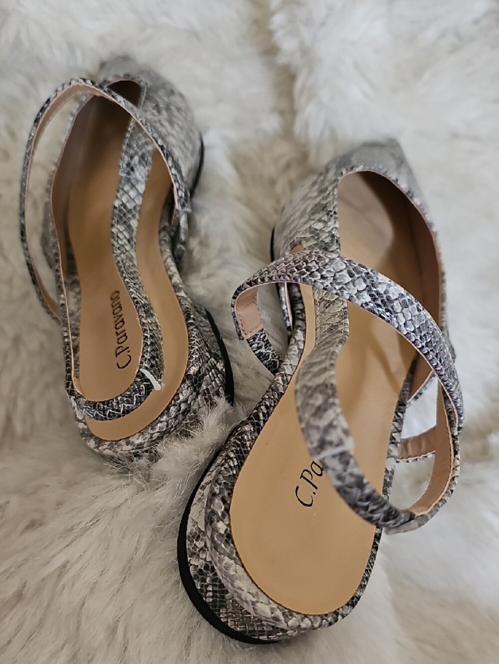 C.Paoxano Pointed-Toe Snake-Print Mary Jane Flats in Gray - Picture 8 of 8
